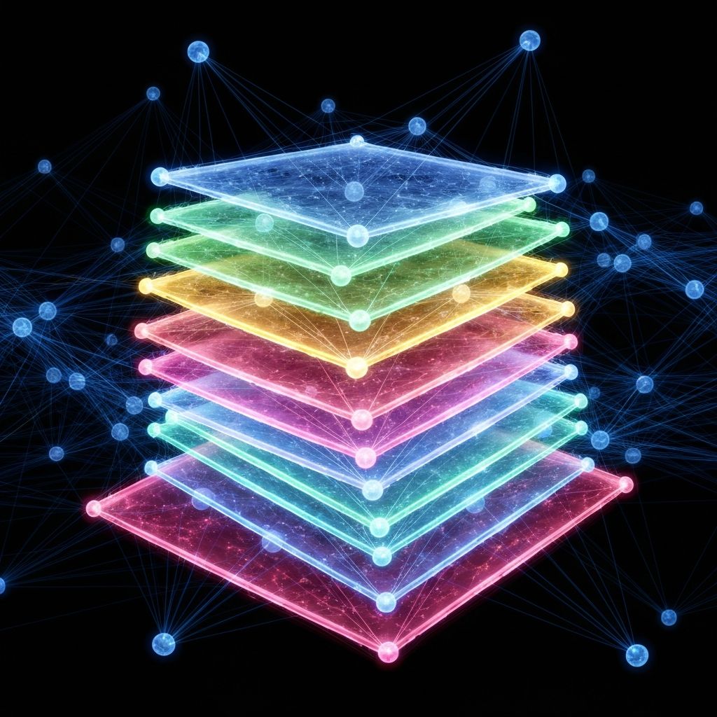 Neural Network Architecture - Showing interconnected nodes, layers, and backpropagation flow