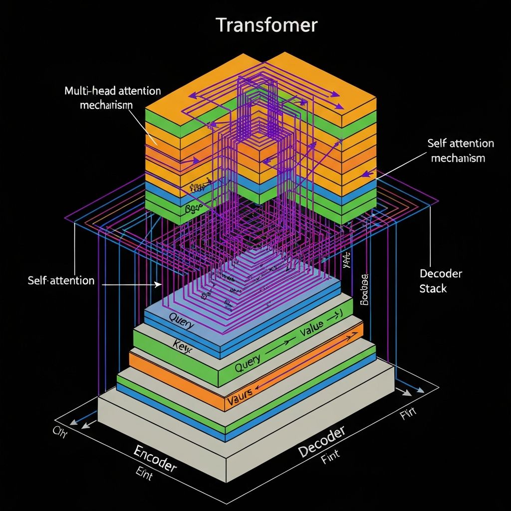 Transformer Architecture - Self-attention mechanism, multi-head attention, encoder-decoder structure