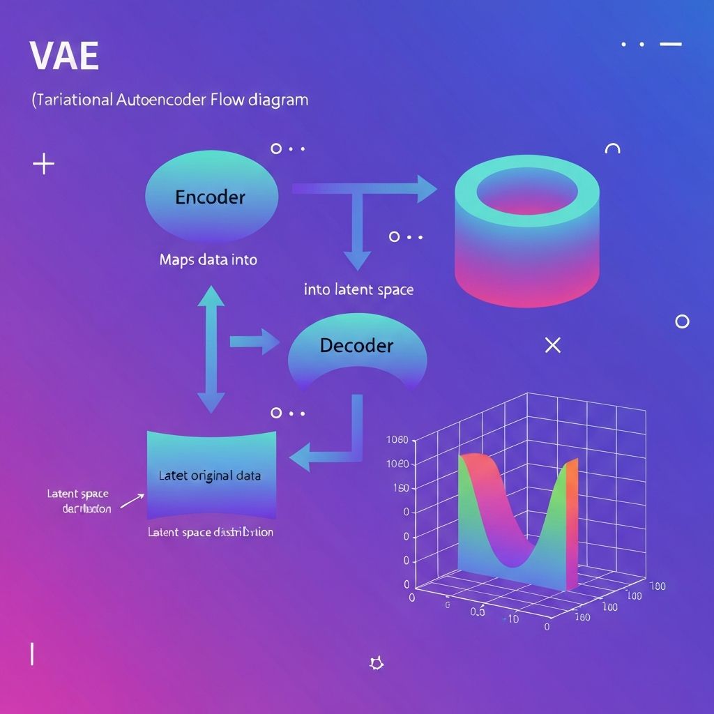 VAE Flow - Data through encoder to latent space, sampled distribution, decoder generates new data